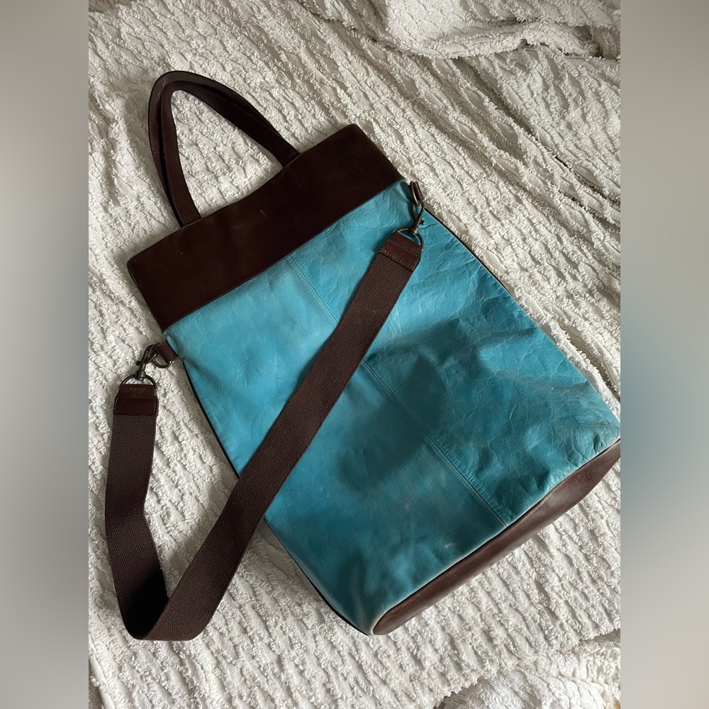 Vintage TANO New York Leather Tote Bag Teal RARE Large Crossbody Boho Y2K